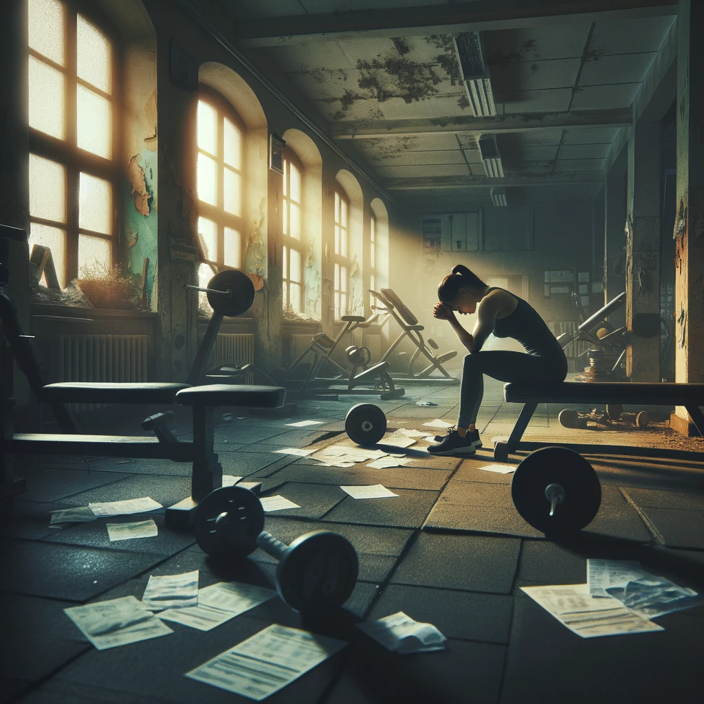 DALL·E 2024-02-15 12.47.32 - A somber scene in a dilapidated gym, capturing a personal trainer sitting on a bench, her posture slumped with her head cradled in her hands, embodyin